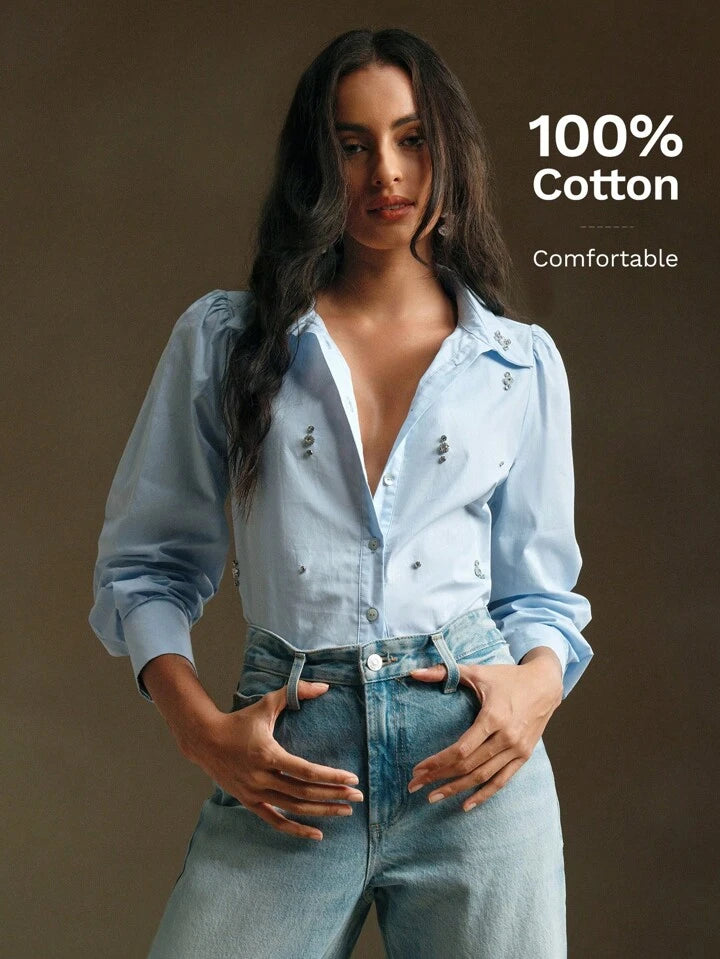 CM-TS831982 Women Elegant Seoul Style Long Sleeve Rhinestone Button Blouse - Blue