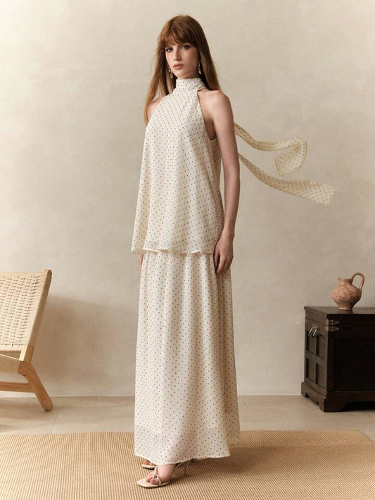 CM-SS977463 Women Trendy Bohemian Style Chiffon Polka Dot Print Sleeveless Halter Neck Top With Skirt - Set
