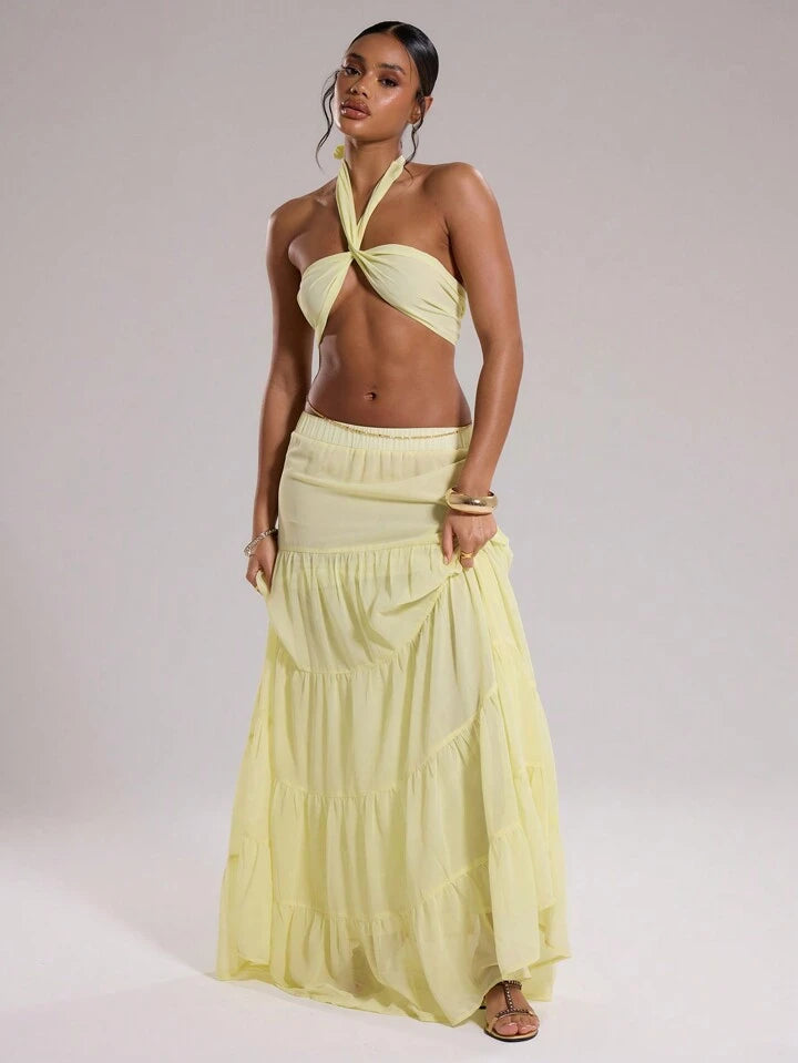 CM-BS411144 Women Trendy Bohemian Style Chiffon Layered Tiered Loose Maxi Skirt - Yellow