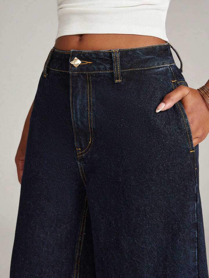 CM-BS844341 Women Casual Seoul Style Mid Rise Dark Wash High Low Asymmetric Cuffed Wide Leg Jeans
