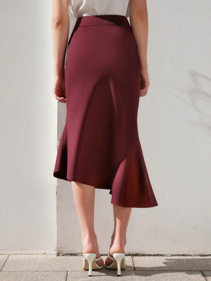 CM-BS574022 Women Elegant Seoul Style High Waist Fish Tail Hem Skirt - Burgundy