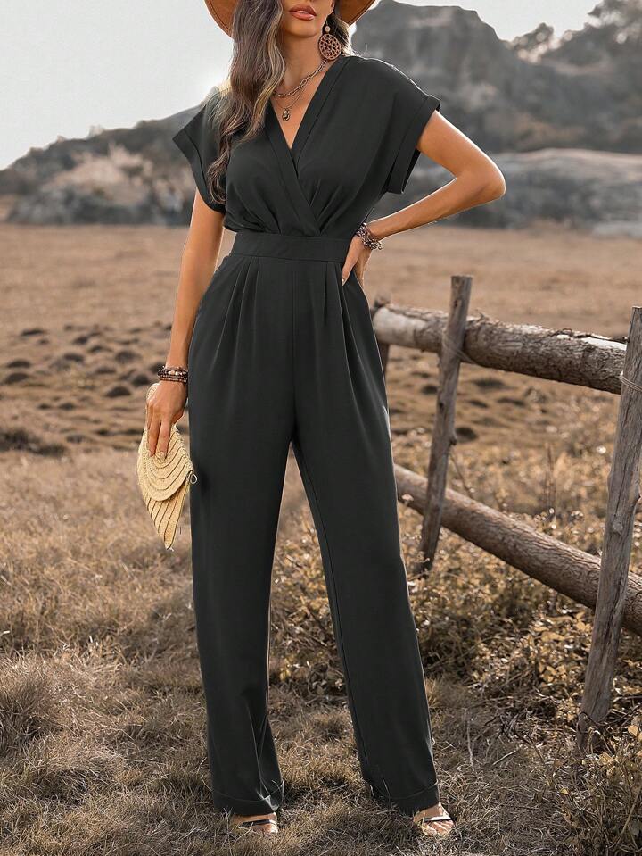 CM-JS598104 Women Trendy Bohemian Style V-Neck Batwing Sleeve Tie Waist Wrap Jumpsuit - Black