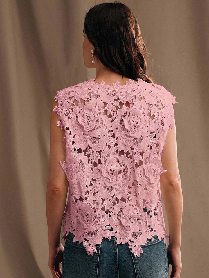 CM-TS375233 Women Elegant Seoul Style Round Neck Sleeveless Lace Embroidered Blouse - Pink