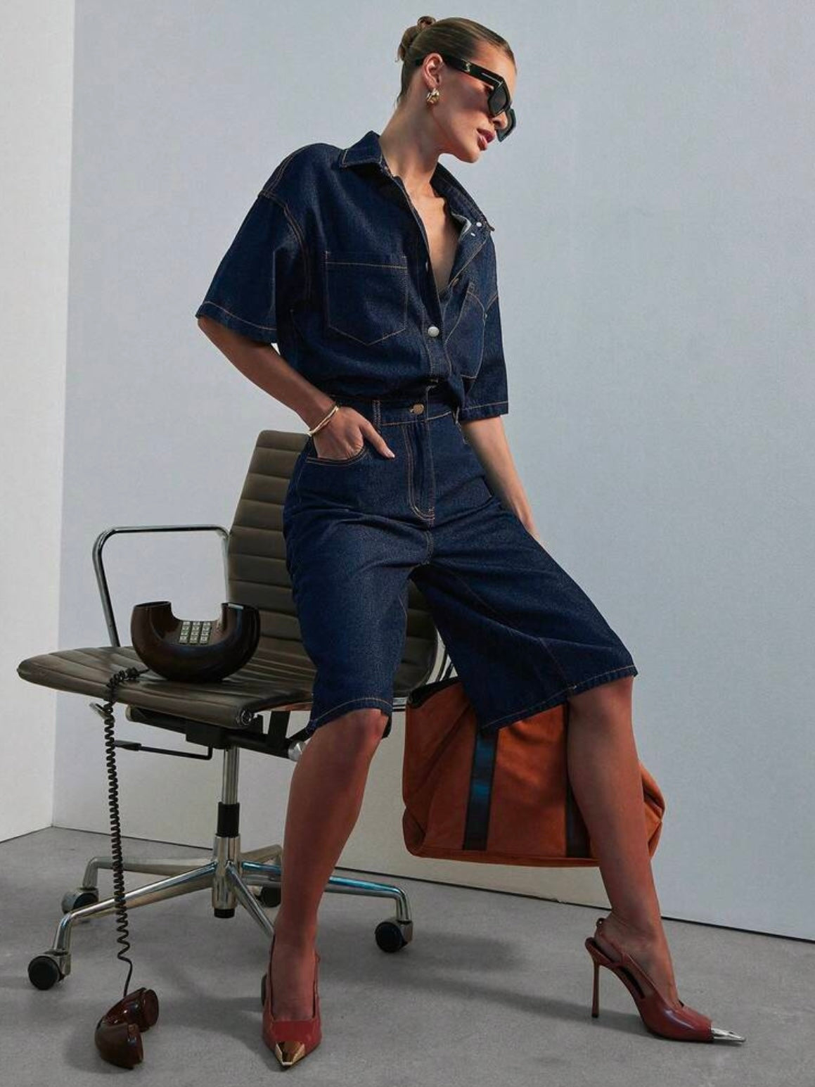 CM-JS876546 Women Casual Seoul Style Dark Wash Collared Short Sleeve Relaxed Denim Jumpsuit