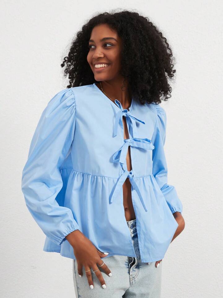CM-TS373314 Women Casual Seoul Style Print Ruffle Hem Tie Long Sleeve Shirt - Blue