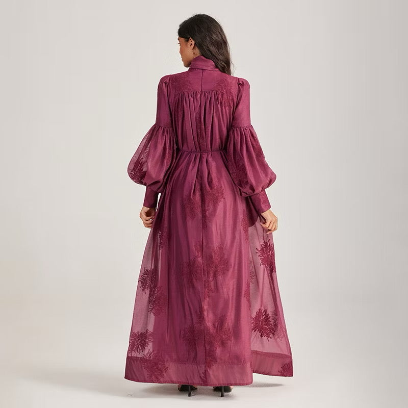 CM-DY055506 Women Elegant European Style Tie Neckline Lantern Sleeve Long Dress (Available in 2 colors)