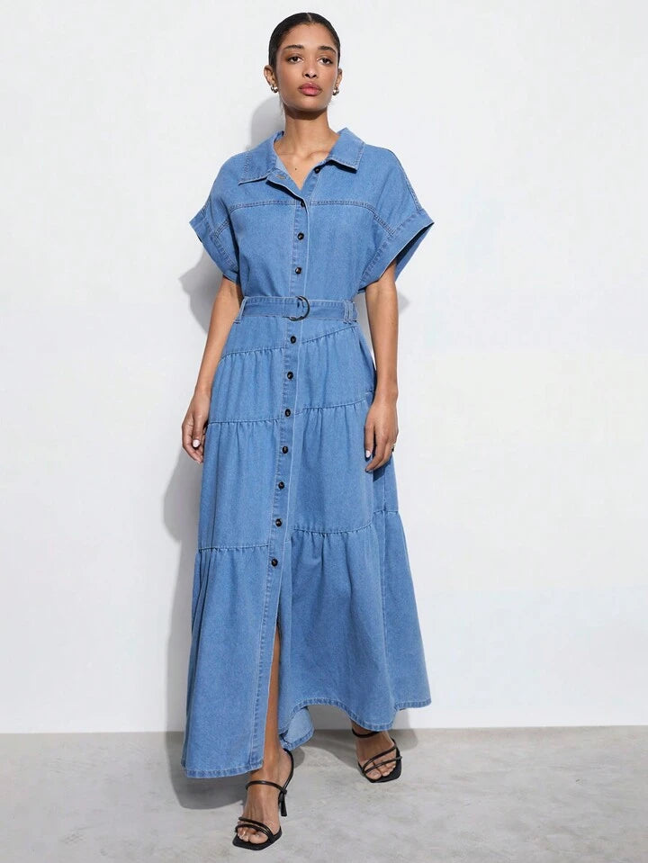CM-DS583059 Women Casual Seoul Style Medium Wash Collar Neckline Batwing Sleeve Loose Denim Dress