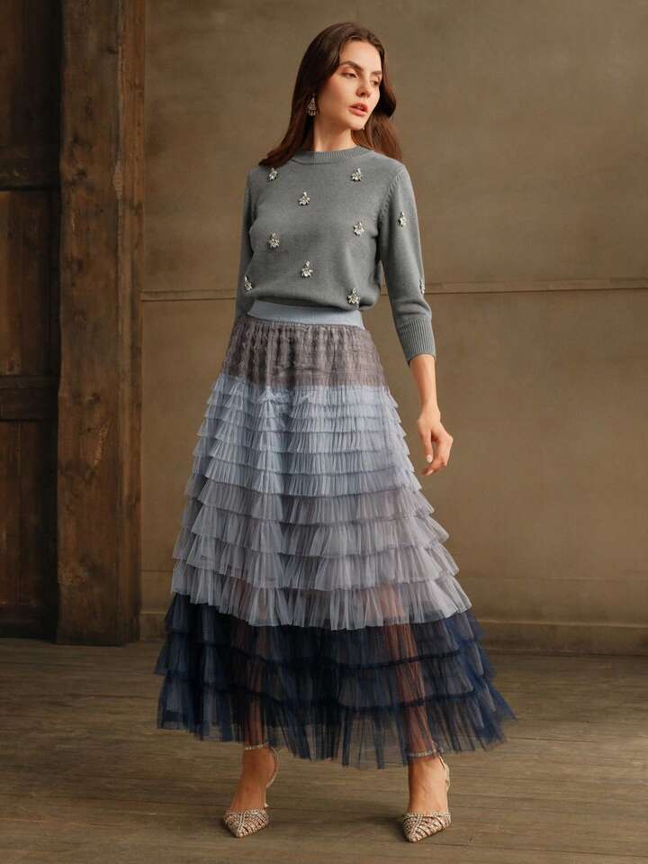 CM-BS752533 Women Elegant Seoul Style High Waist Gradient Mesh Contrast Cake Tulle Skirt - Blue
