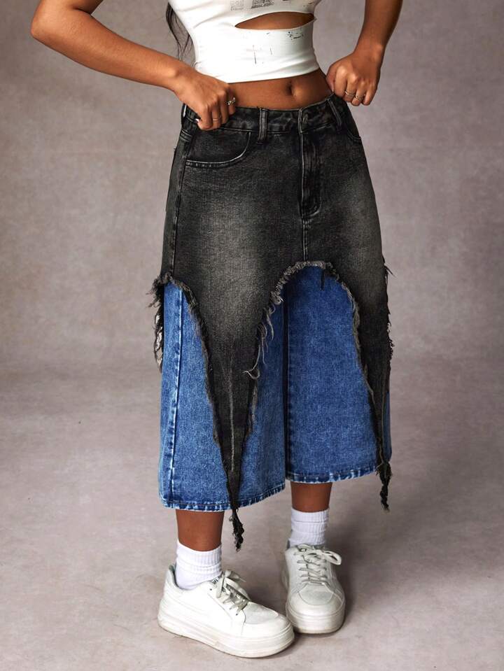 CM-BS335155 Women Casual Seoul Style Contrast Color Pockets Frayed Wide Leg Loose Jeans