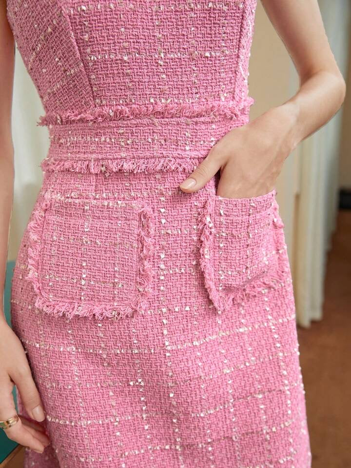 CM-DS546472 Women Elegant Seoul Style Sleeveless Plaid Print Frill Trim Tweed Dress - Hot Pink
