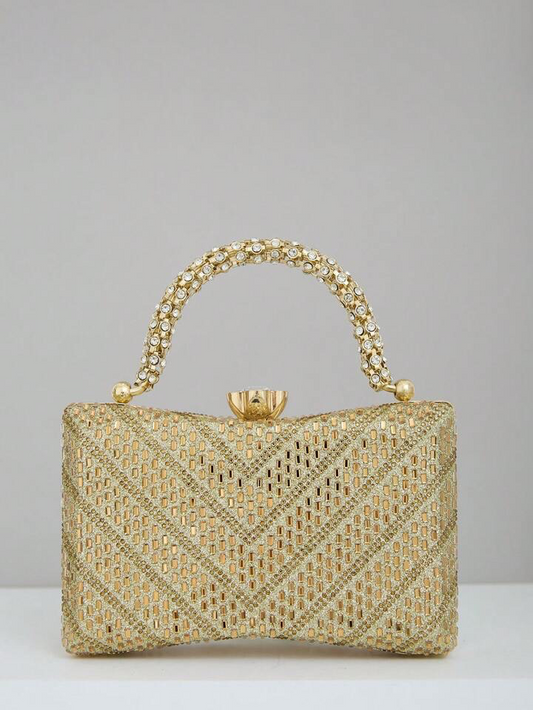 CM-BGS964850 Women Trendy Seoul Style Diamond-Encrusted Arm Handle Bag With Safety Buckle Closure - Gold