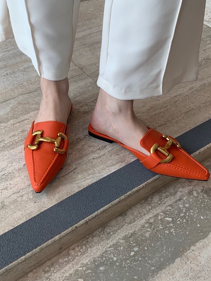 CM-SHS731130 Women Trendy Seoul Style Square Toe Metal Decor Flat Mules - Orange