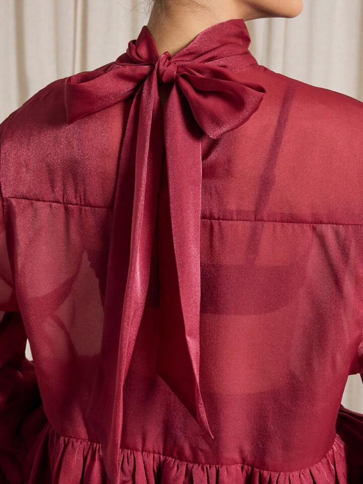CM-TS814699 Women Elegant Seoul Style Neck Tie Flared Long Sleeve Sheer Ruffle Blouse - Red