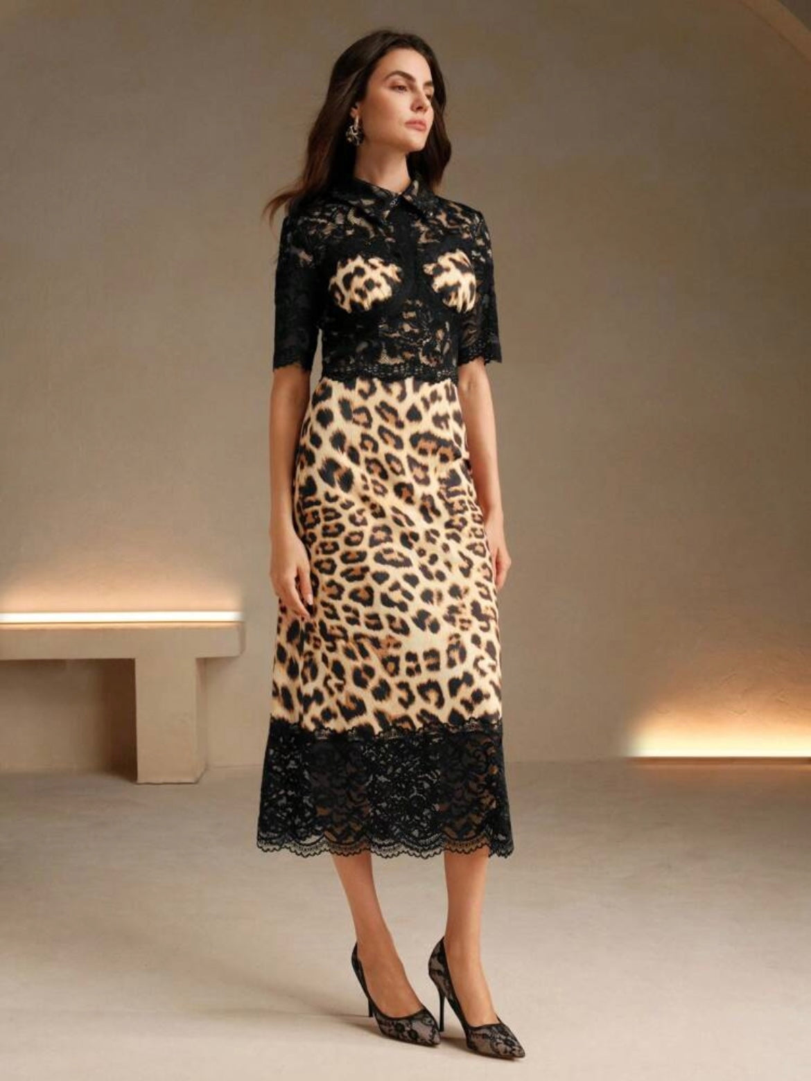CM-DS811756 Women Elegant Seoul Style Collar Neckline Lace Patchwork Pattern Bodycon Maxi Dress
