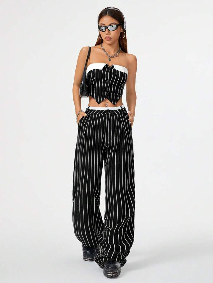 CM-SS991213 Women Casual Seoul Style Striped Strapless Top With Long Pants - Set