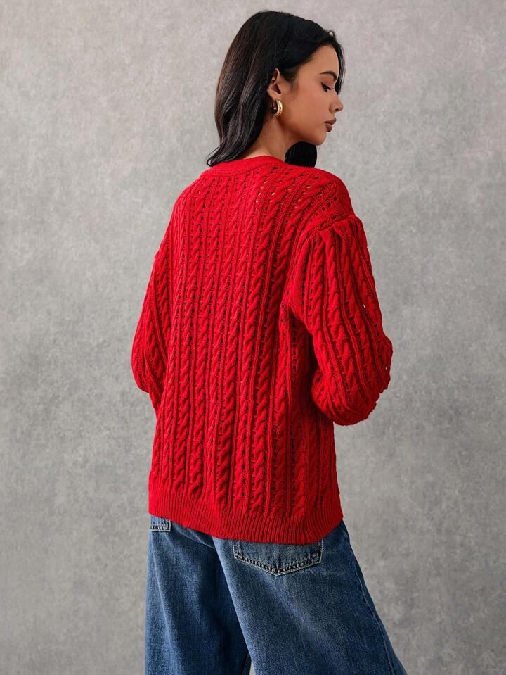 CM-CS093421 Women Casual Seoul Style Heart Metal Button Hollow Knit Cardigan Loose Cardigan