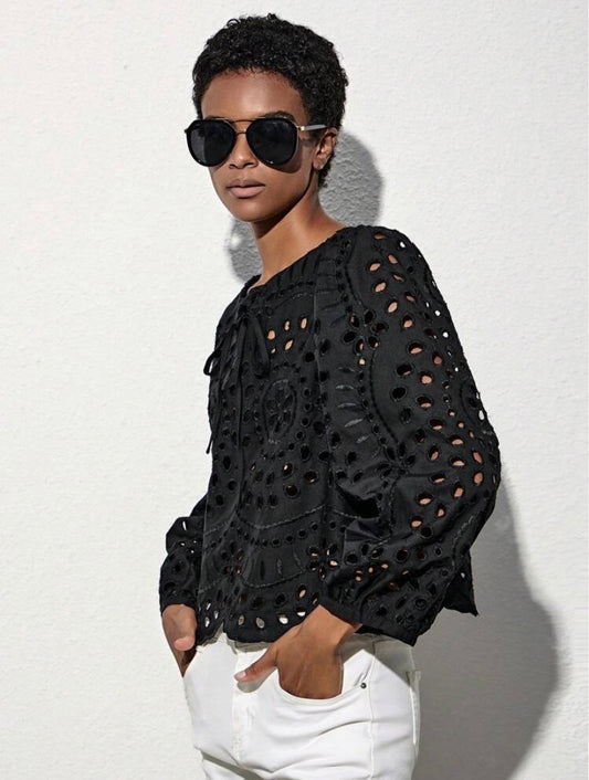 CM-TS600606 Women Trendy Bohemian Style Tie Neck Eyelet Embroidery Hollow Out Blouse