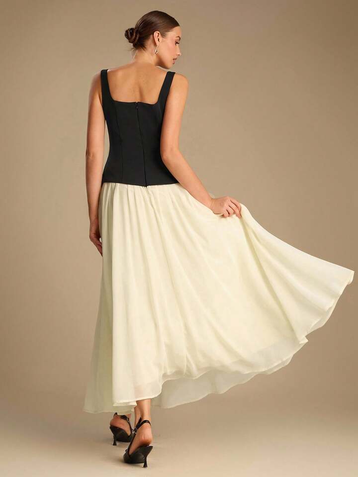 CM-DS532497 Women Elegant Seoul Style Color Block Square Neck Sleeveless Mid Waist Maxi Dress