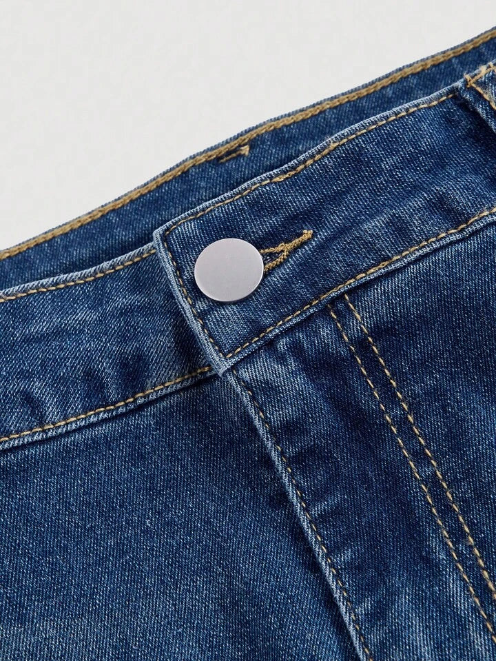 CM-BS310835 Women Casual Seoul Style Drop Waist Star Patches Flare Jeans - Blue