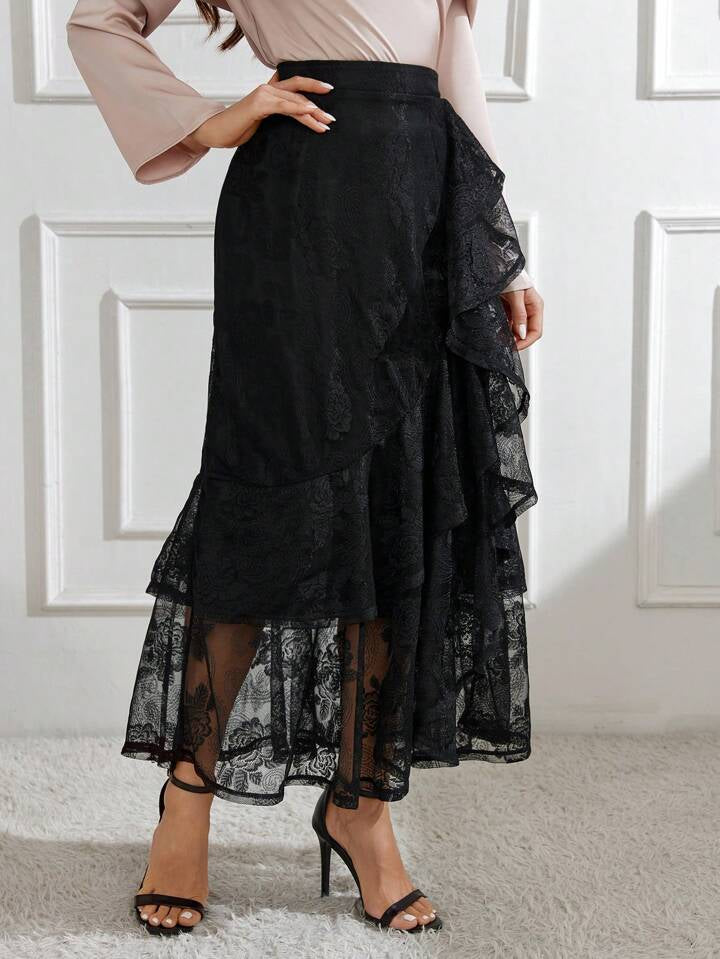 CM-BS141105 Women Elegant Seoul Style Lace Wrapped Ruffle Hem Asymmetric Skirt - Black