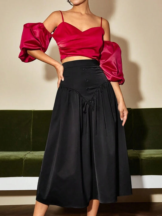 CM-BS429159 Women Elegant Seoul Style Button Decor Simple Style Long Skirt - Black