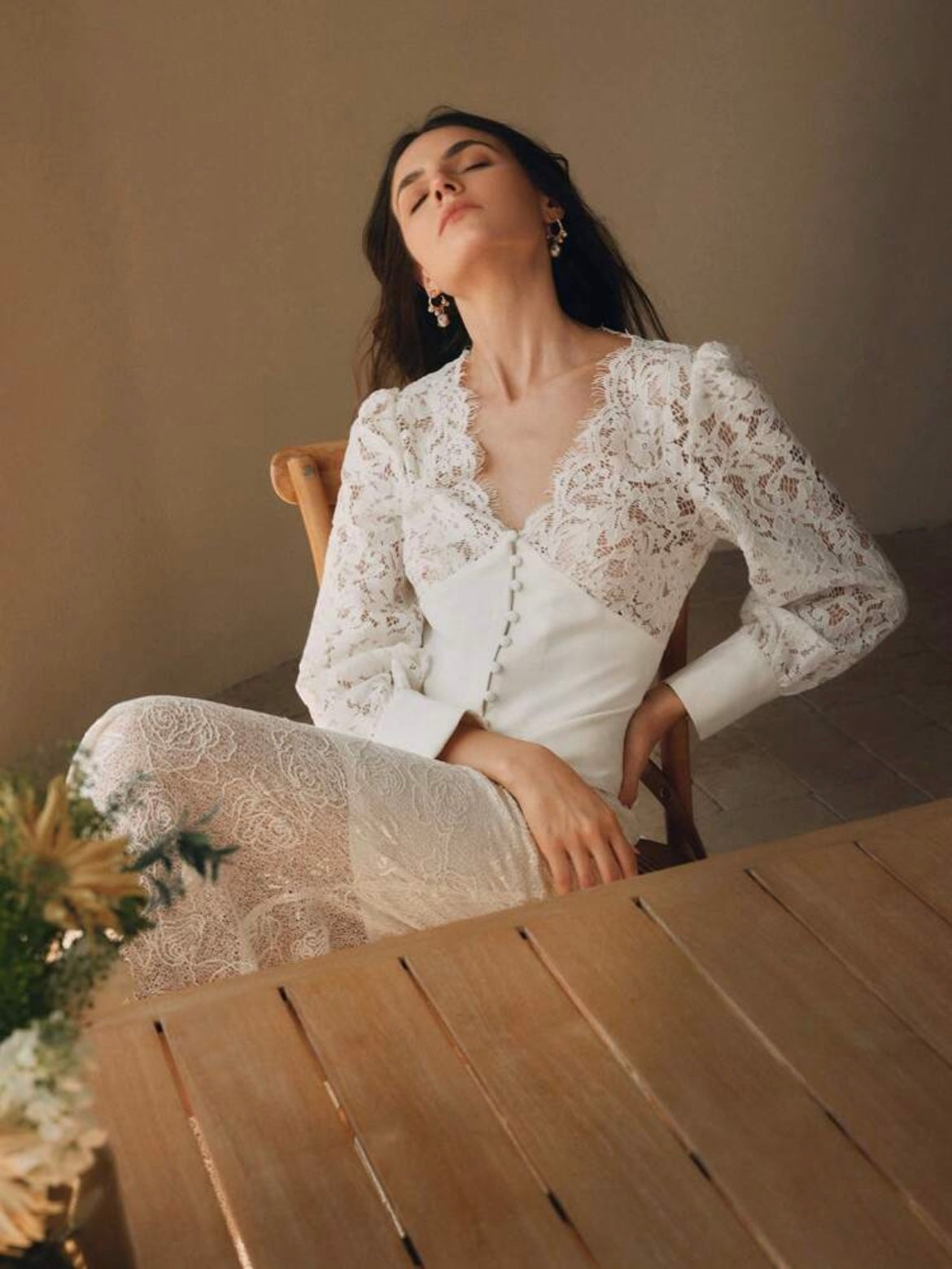 CM-TS025304 Women Elegant Seoul Style V-Neck Lace Patchwork Cinching Waist Top - Apricot
