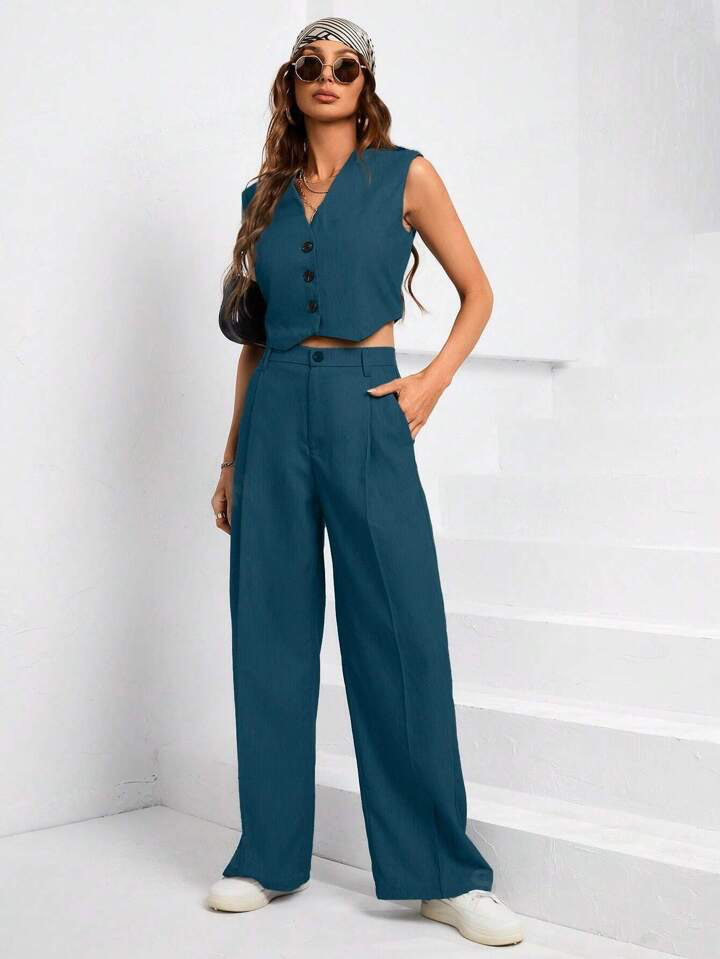 CM-SS144035 Women Elegant Seoul Style Button Front Vest Blazer With Wide Leg Pants Suit - Teal Blue