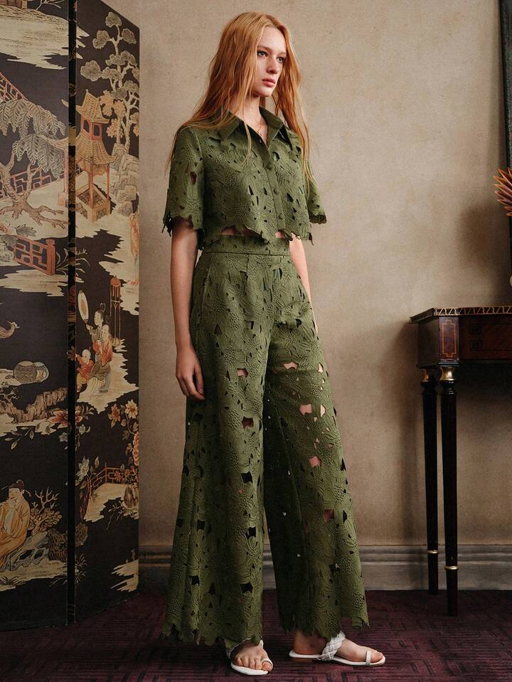 CM-SS464228 Women Trendy Bohemian Style Laser Cut Out Embroidered Short Sleeve Crop Top With Wide Leg Pants - Set