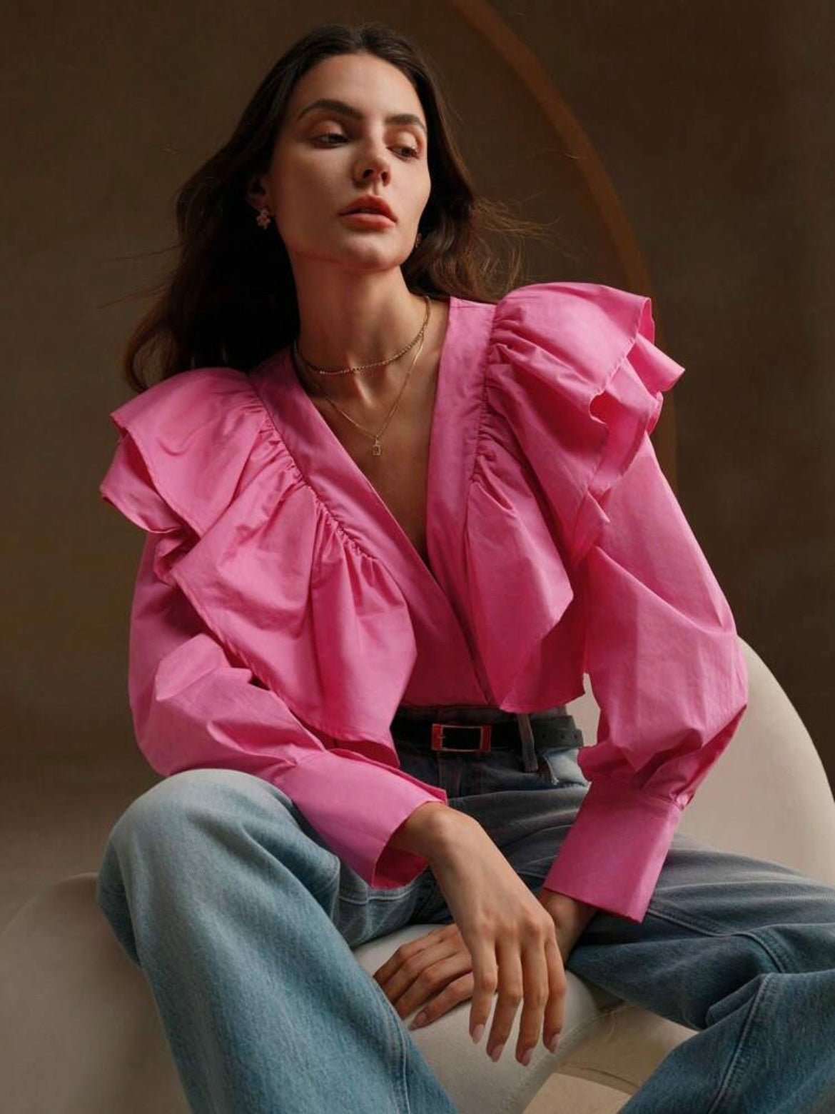 CM-TS799242 Women Elegant Seoul Style Exaggerated Ruffle V-Neck Long Sleeve Blouse - Pink