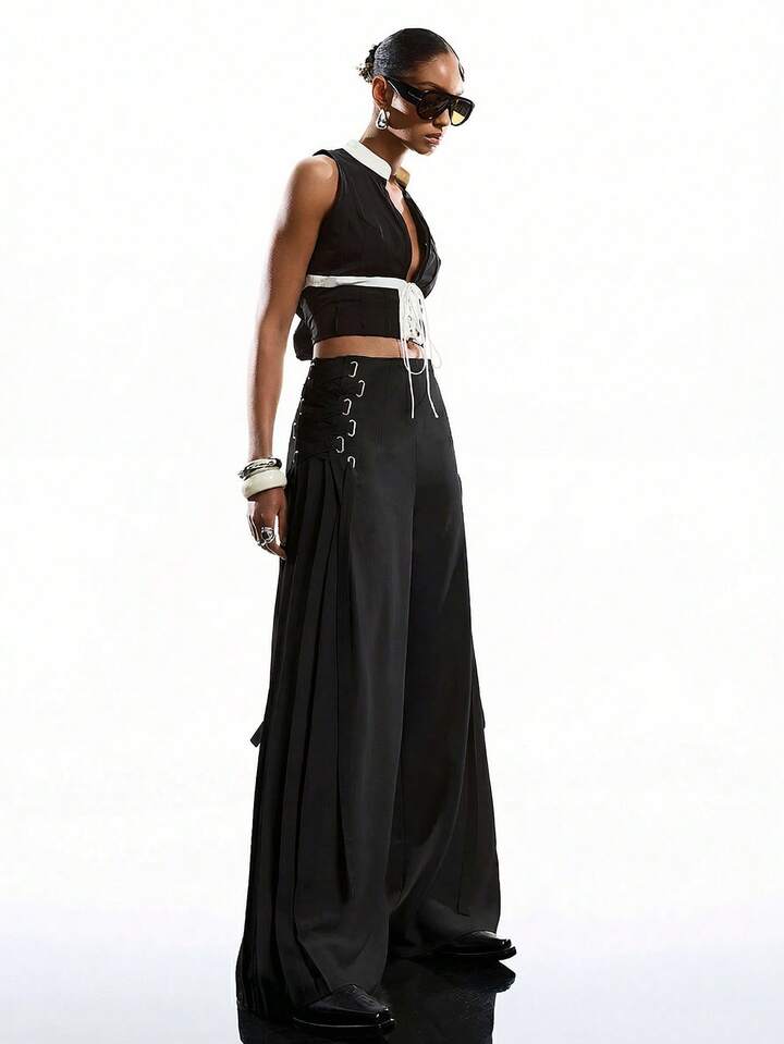 CM-BS550406 Women Casual Seoul Style Solid Color Minimalist Tie-Up Pants Dress Over Pants - Black
