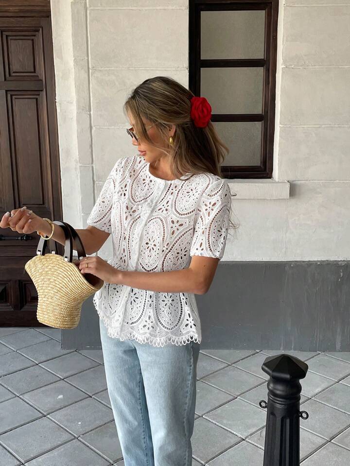 CM-TS522140 Women Casual Seoul Style Hollow Embroidered Floral Cropped Short Sleeve Top - White