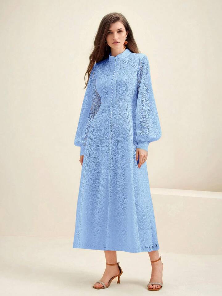 CM-DS730692 Women Elegant Seoul Style Lace Mandarin Collar Long Sleeve A-Line Dress - Baby Blue