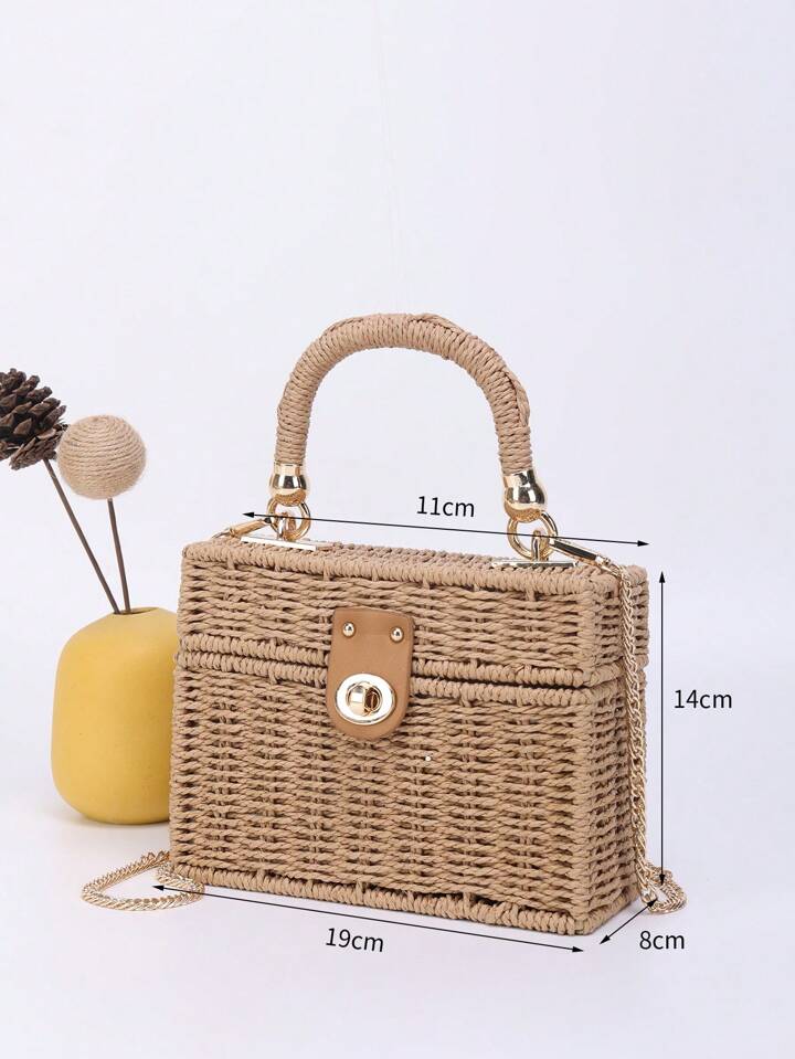 CM-BGS638723 Women Trendy Seoul Style Minimalist Twist Lock Flap Straw Bag - Camel
