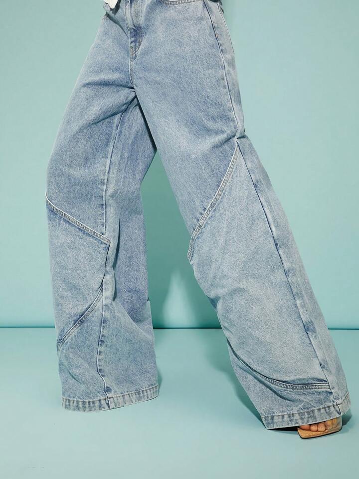 CM-BS342374 Women Casual Seoul Style Medium Wash Front Button Pocket Wide Leg Jeans