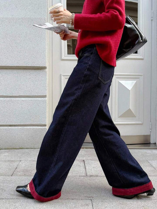 CM-BS215262 Women Casual Seoul Style Dark Wash Contrasting Edge High Waist Extra Long Wide Leg Jeans
