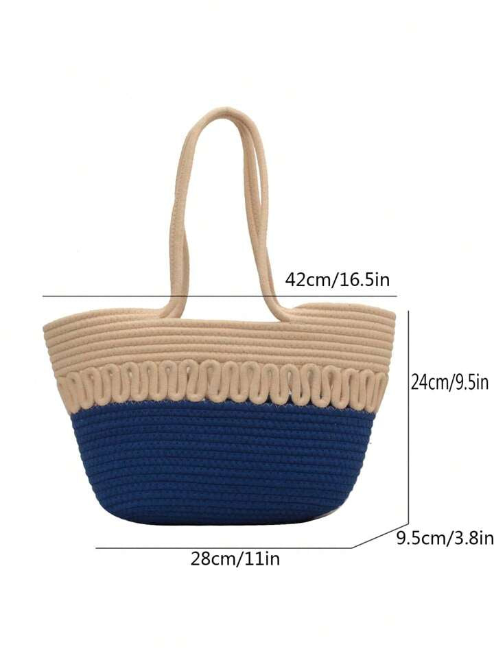 CM-BGS454567 Women Trendy Seoul Style Double Handle Colorblock Beach Bag - Blue