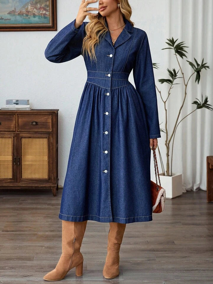 CM-DS021333 Women Elegant Seoul Style Dark Wash Lapel Neckline Long Sleeve Single-Breasted Denim Dress