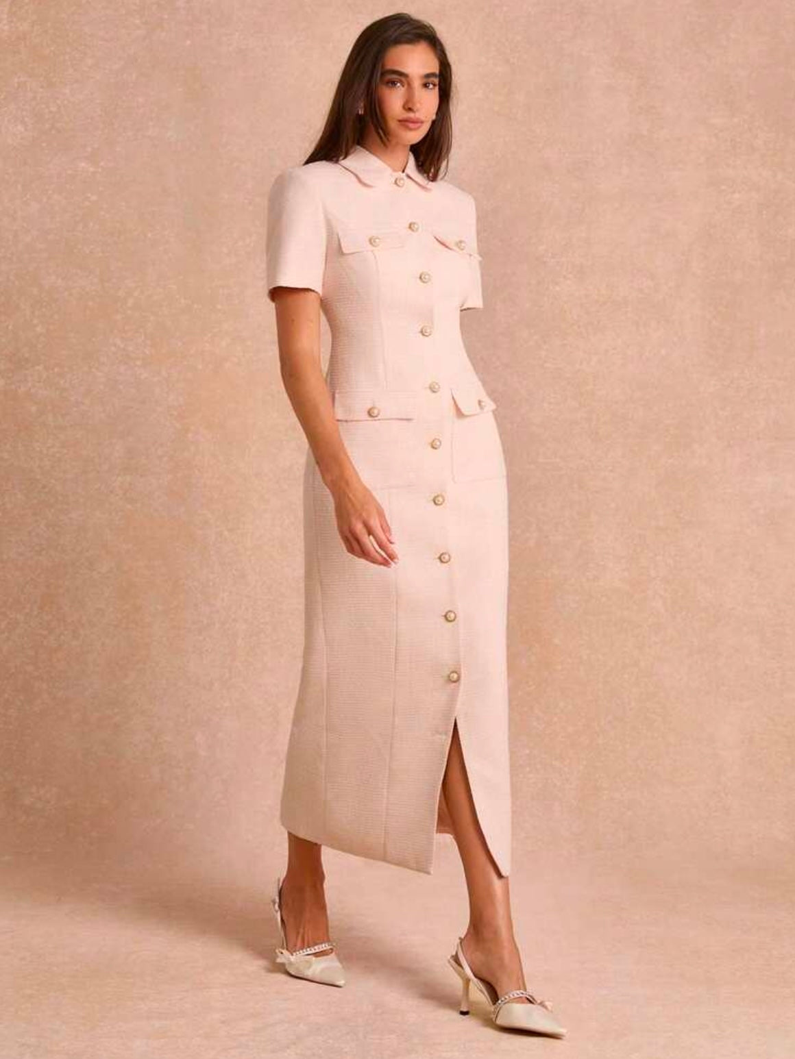 CM-DS834794 Women Elegant Seoul Style Collar Neckline Short Sleeve Tweed Fitted Long Dress - Pink