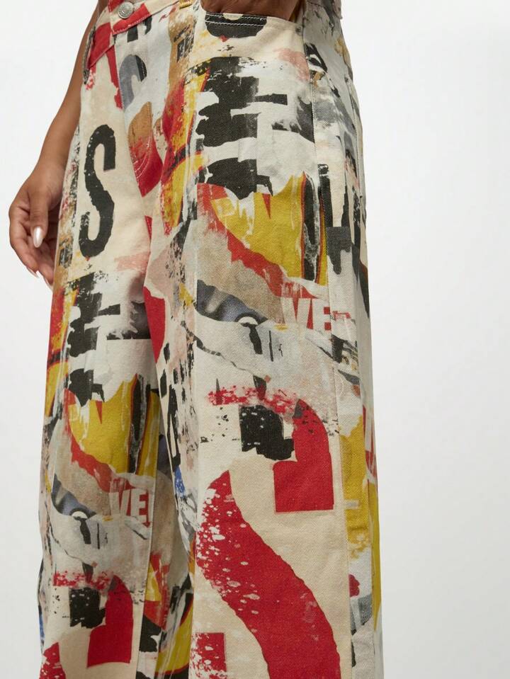 CM-BS263522 Women Casual Seoul Style Mid Waist Distressed Graffiti Print Wide Leg Baggy Jeans