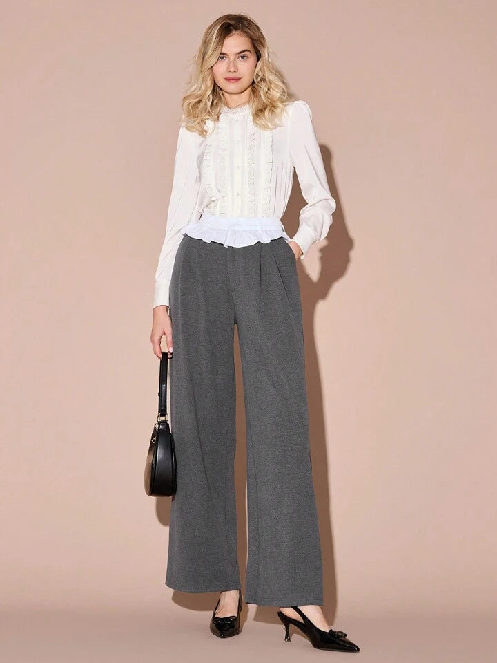 CM-BS769739 Women Casual Seoul Style Contrast Color High Waist Ruffle Hem Wide Leg Pants - Gray
