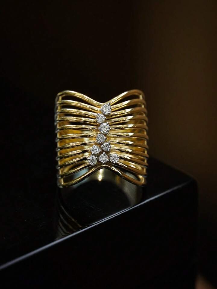 CM-AR947767 925 Sterling Silver Hollow Craft Wide Band Wave Line Minimalist Ring - Gold