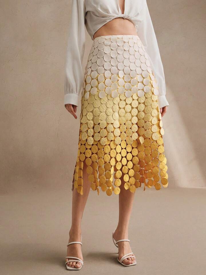 CM-BS178171 Women Trendy Bohemian Style Hollow Out Embroidery Tassel High Waist Flowy Skirt - Yellow