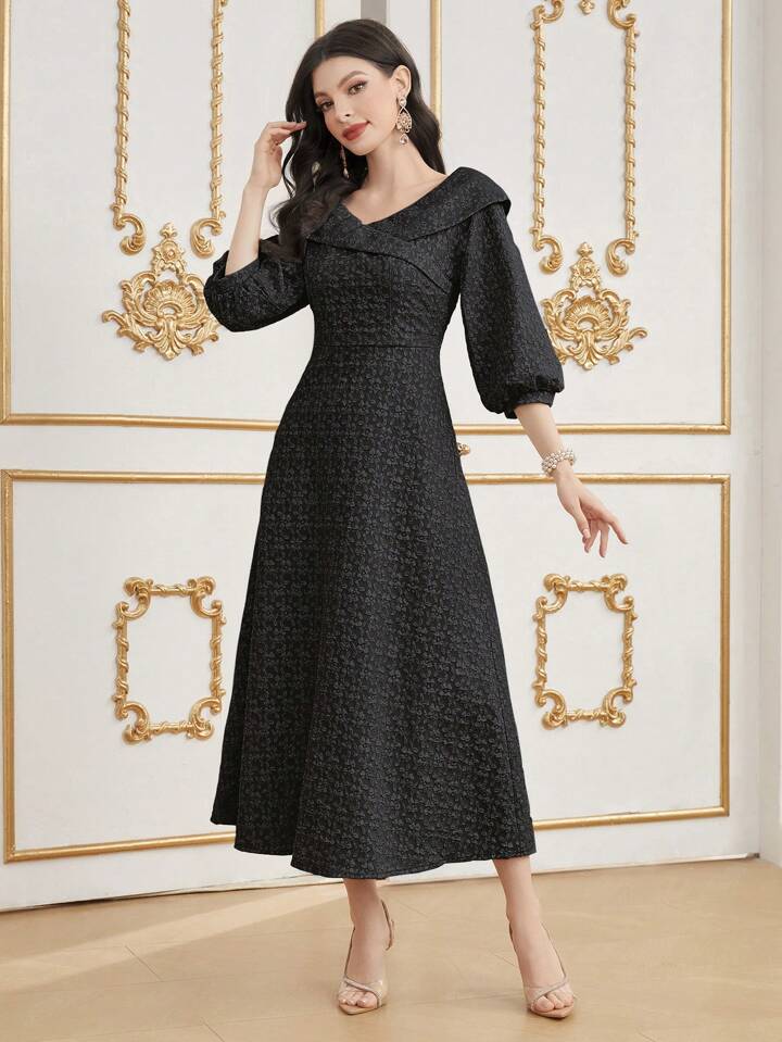 CM-DS988448 Women Elegant SeouL Style V-neck 3/4 Lantern Sleeve A-Line Dress - Black