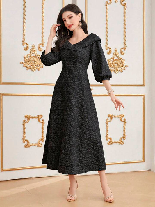 CM-DS988448 Women Elegant SeouL Style V-neck 3/4 Lantern Sleeve A-Line Dress - Black