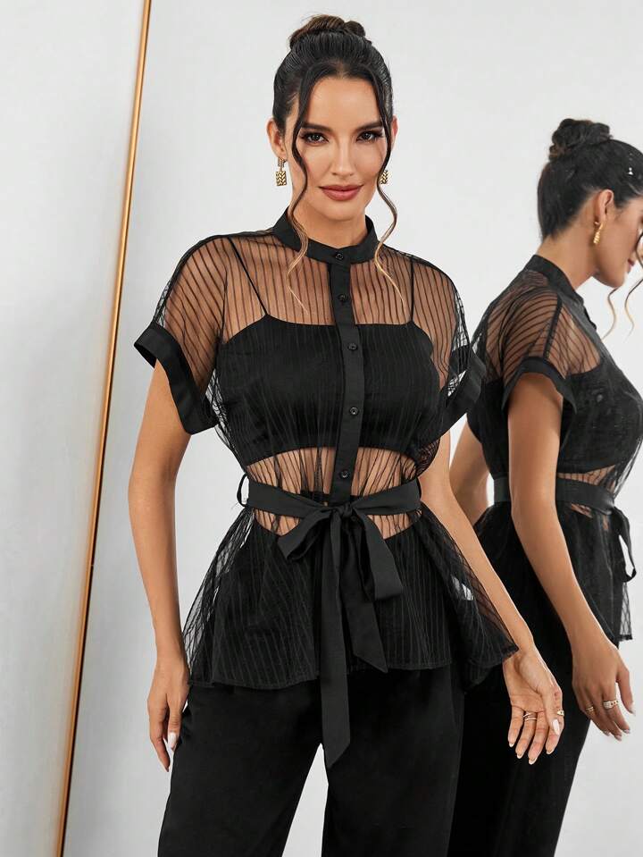 CM-TS823772 Women Casual Seoul Style Striped Mesh Batwing Short Sleeve Shirt - Black