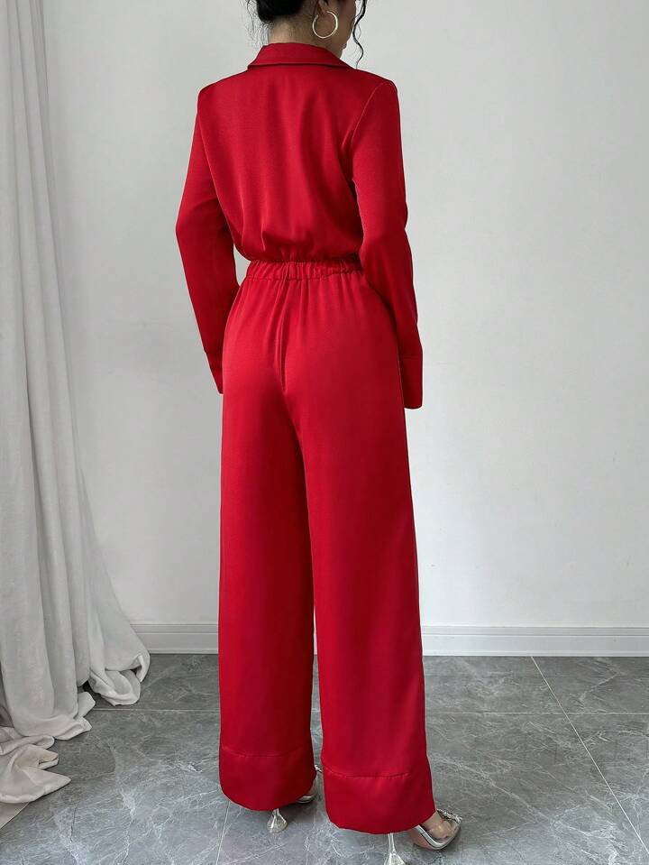 CM-JS417813 Women Elegant Seoul Style V-Neck Long Sleeve High Waist Jumpsuit - Red