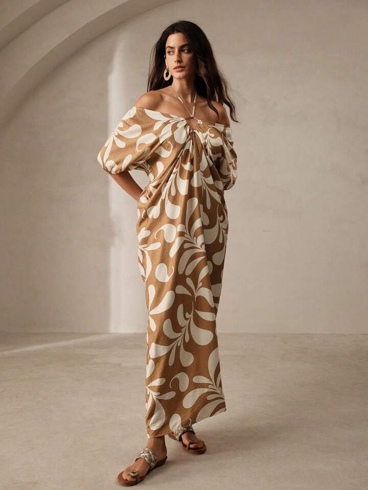 CM-DS627471 Women Trendy Bohemian Style Printed Pleated Backless Maxi Dress - Coffee