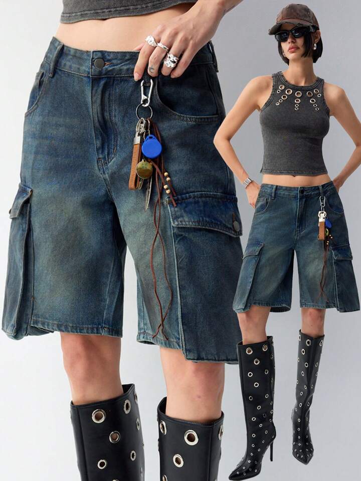 CM-BS497784 Women Casual Seoul Style Washed Drop Waist Denim Cargo Shorts - Blue