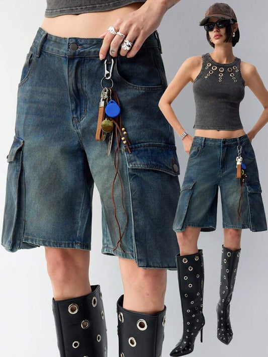CM-BS497784 Women Casual Seoul Style Washed Drop Waist Denim Cargo Shorts - Blue