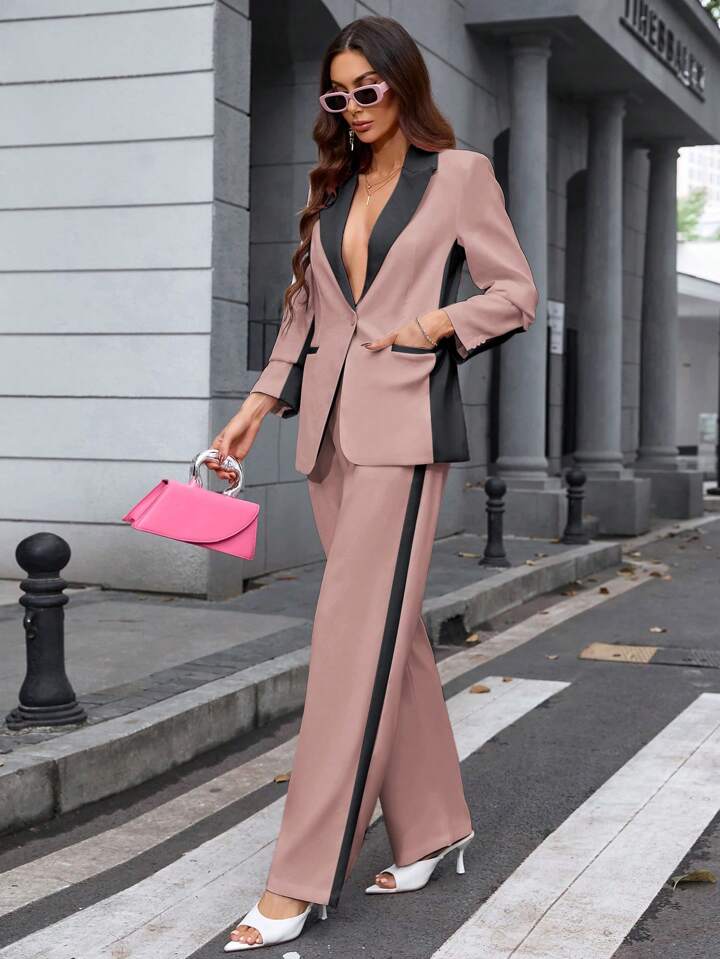 CM-SS924590 Women Elegant Seoul Style Contrast Color Lapel Neckline Long Sleeve Blazer With Suit Pants - Set